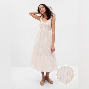 GAP Ruched Tiered White Gold Striped Beach Coastal Boho Travel Midi Dress L NWT